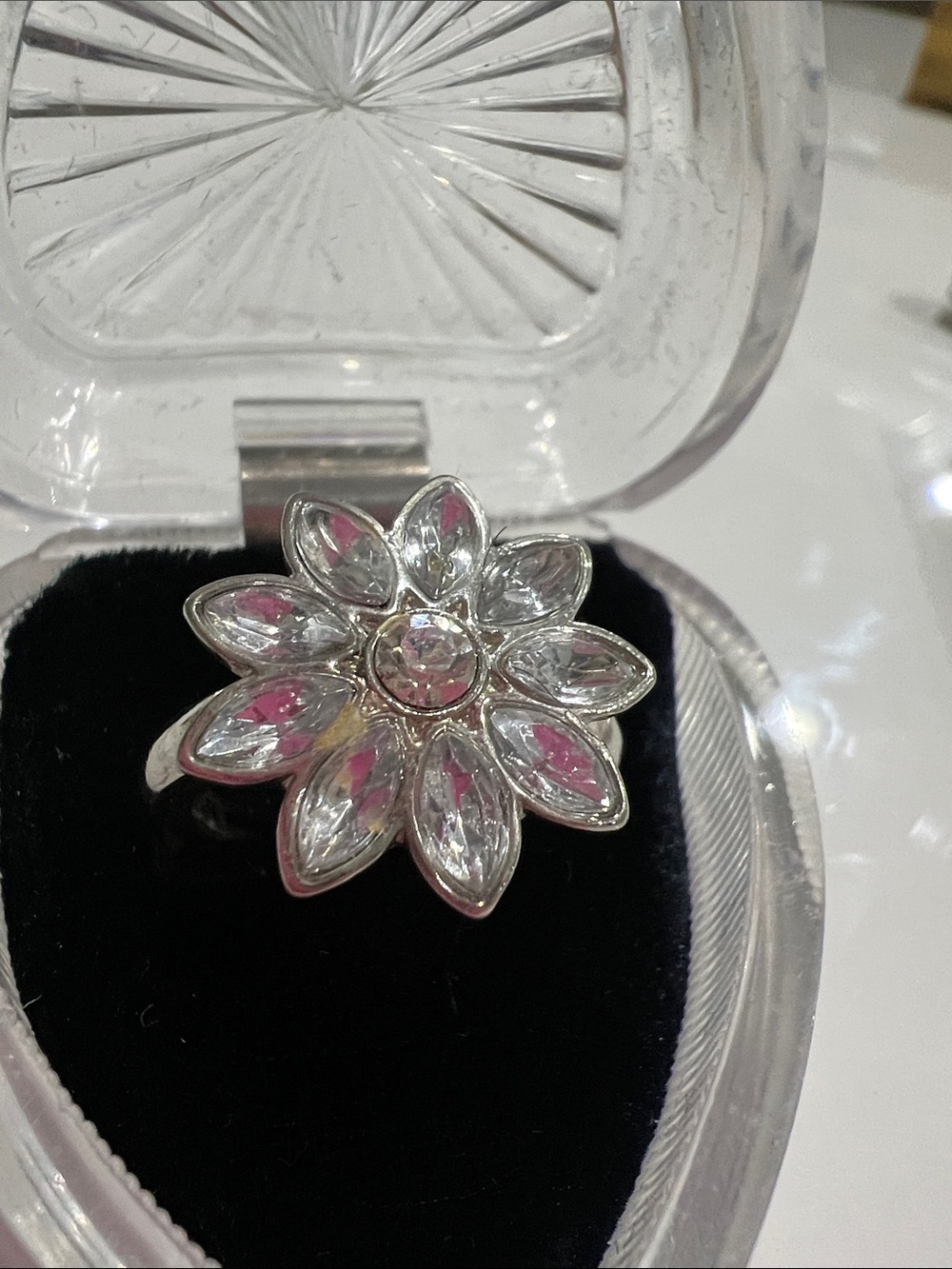 B#83-Silver Floral Crystal Ring - Clear Stones